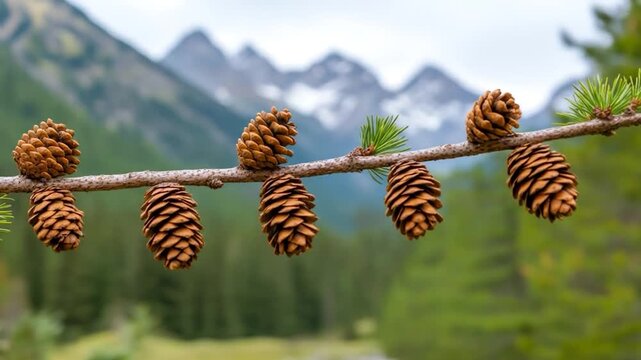 Pinecone arrangement on branch with mountain backdrop still life