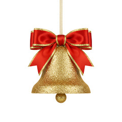 Silver Christmas bell with ribbon loops and sparkle, isolated on transparent background, white background, high-detail holiday decoration for Christmas Day