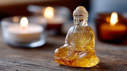 A buddha statue sitting on top of a wooden table next to a candle
