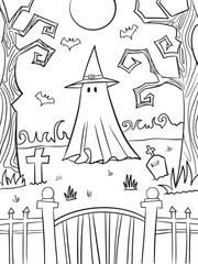Cute Halloween ghost coloring page for kids. Simple and fun black and white line art illustration. perfect for children’s coloring activities, Halloween worksheets, or printable crafts.