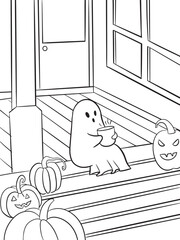 Cute Halloween ghost coloring page for kids. Simple and fun black and white line art illustration. perfect for children’s coloring activities, Halloween worksheets, or printable crafts.