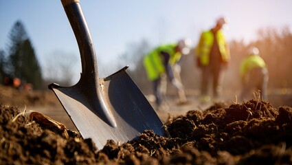 Shovel in dirt with construction workers in the background