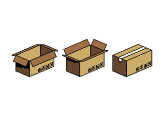 Pixel art cardboard boxes in different states: open, half-open, and sealed, designed with a simple retro game-inspired style.
