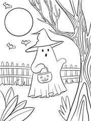 Cute Halloween ghost coloring page for kids. Simple and fun black and white line art illustration. perfect for children’s coloring activities, Halloween worksheets, or printable crafts.