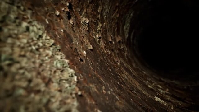 Abstract close up of an old an old rusty pipe from the inside with dark background. old metal internal corrosion footage.