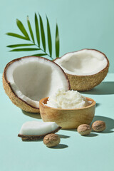 Tropical coconuts and shea butter arranged with palm leaf on pastel background, showing natural ingredients used in organic skincare, lotion, and body treatment. Vertical frame