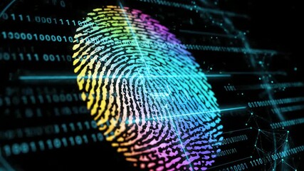 Futuristic cyber security concept with a glowing rainbow finger print texture on a digital background - Powered by Adobe