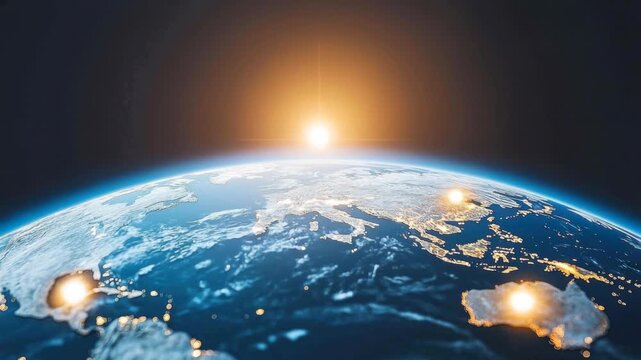 Sunrise over earth global view satellite imagery cosmic environment aerial perspective