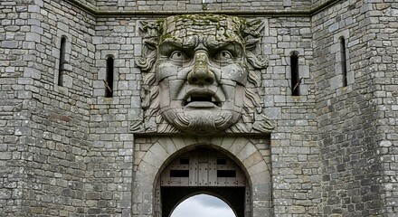 Grotesque Stone Face Carving Above an Ancient Castle Gate.