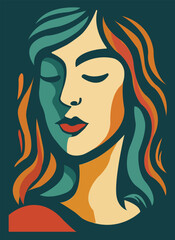 Stylized portrait of woman with colorful hair on teal background