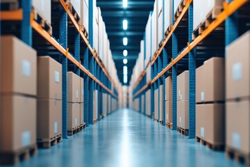 Warehouse aisle view with shelves full of cardboard boxes on wooden pallets, representing logistics, storage, and supply chain