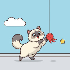 Playful cat chasing toy ball in a colorful indoor setting  