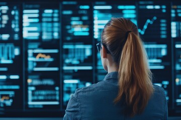 Woman monitoring multiple large screens displaying financial charts and data in a futuristic control room, performing data analysis