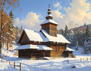 Picturesque Winter Landscape: Wooden Church Amidst Snowy Forest in Winter Season
