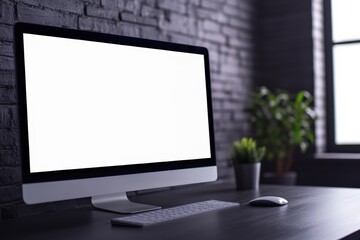 Desktop computer showing a blank white screen, sitting on a dark wooden office desk with keyboard and mouse