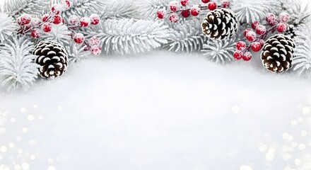 Festive christmas background with snowcovered fir branches, red berries, and pine cones, creating a winter wonderland scene isolated on white background