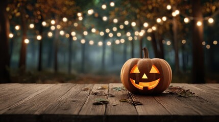 smiling jackolantern on wooden table surrounded by string lights in autumn evening
