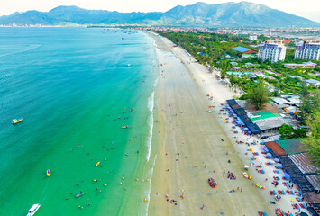 Aerial view of tropical Doc Let beach with turquoise waters and white sand in Vietnam