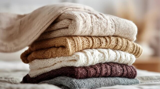 A cozy stack of folded knitted garments in neutral colors sits on a bed. The lighting is soft with blurred background