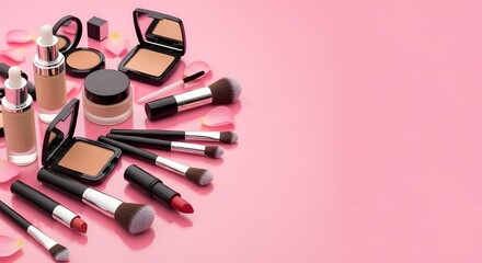 Cosmetics and makeup items arranged artfully on a pink background with scattered flower petals