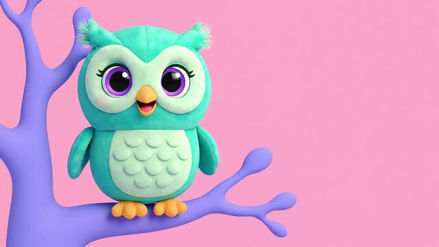 Cute plush owl on a tree branch against pink background for children's illustration and baby decor.