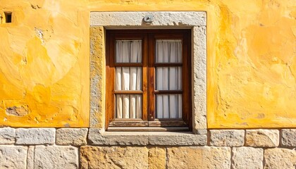 Rustic Window in Textured Yellow Wall with Stone Base, Exterior Architectural Detail