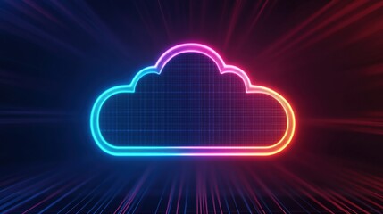 Neon glow cloud icon on abstract digital background representing data storage, network connectivity, and online services