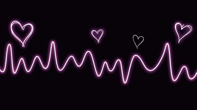 Love's Electric Pulse: A vibrant depiction of a heartbeat, intertwined with glowing hearts, creates a striking visual metaphor for love and life on a black background.