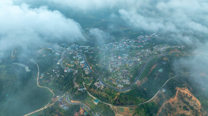 Aerial view of the mist in the sunrise sky is beautiful in the highlands of Da Lat, Vietnam