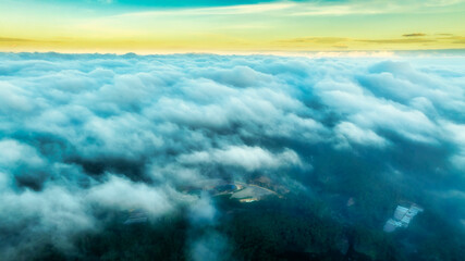 Aerial view of the mist in the sunrise sky is beautiful in the highlands of Da Lat, Vietnam