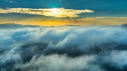 Aerial view of the mist in the sunrise sky is beautiful in the highlands of Da Lat, Vietnam