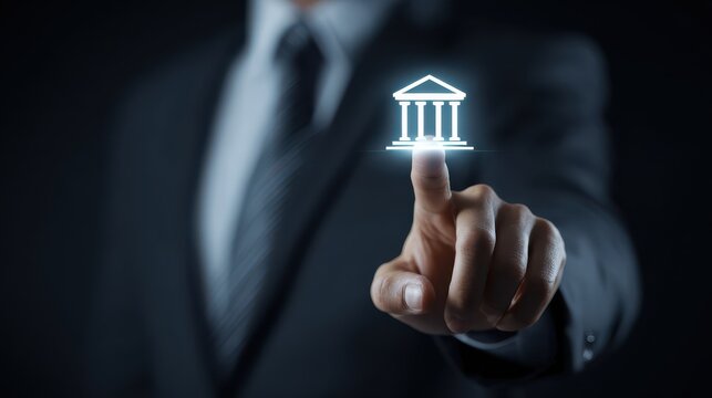 businessman touching a virtual bank icon on a hologram screen a digital technology concept for financial and data protection services