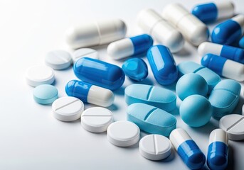 Heap of Blue, Light Blue, and White Pills and Capsules on White Background, Closeup