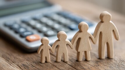 Family and Finances: Wooden figures representing a family stand united against the backdrop of a calculator, symbolizing financial planning, security, and family stability. 