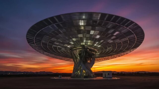Futuristic metallic structure at sunset