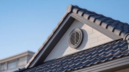gable roof circular vent allowing air circulation on clear day ventilation of the house fascia and ridge grey metal tiles roof siding house exterior outdoor air conditioning architectural detail