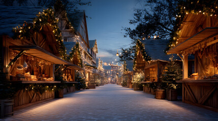 Fototapeta premium Serene Winter Market Scene with Decorated Stalls and Twinkling Lights at Dusk