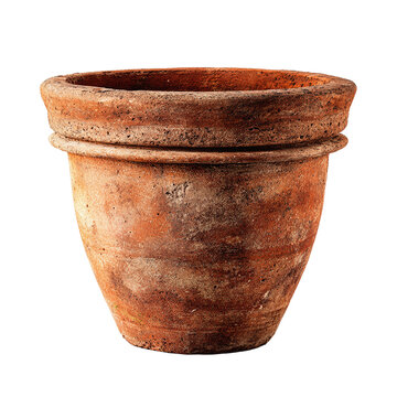 A classic and rustic weathered terracotta flower pot, an empty and timeless vessel for gardening, planting, and bringing a touch of natural, earthy charm indoors.

