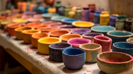 Vibrant artisan pottery collection showcasing colorful hand crafted ceramic bowls and jars filled with pigments ready for artistic creation in a studio setting
