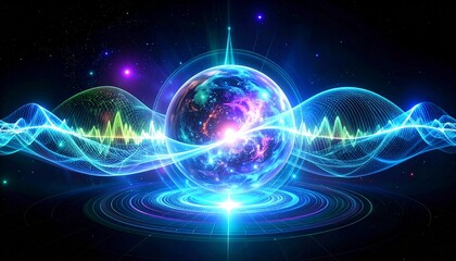 Fototapeta premium Glowing cyber cosmic sphere with futuristic holographic galaxy