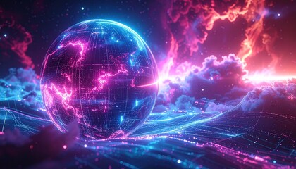 Obraz premium Digital cosmic sphere surrounded by glowing futuristic starfield