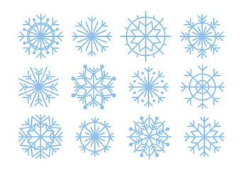 Vector set of illustrations of blue snowflakes of various shapes and sizes in a flat minimalist style. Christmas decor, Christmas, New Year, frost, winter, toy and cozy atmosphere. Seasonal objects.
