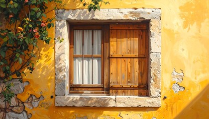 Rustic wooden window with shutters and climbing flowers on yellow facade