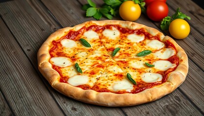 A delicious cheese pizza sits on a rustic wooden table,  photography,  pepperoni