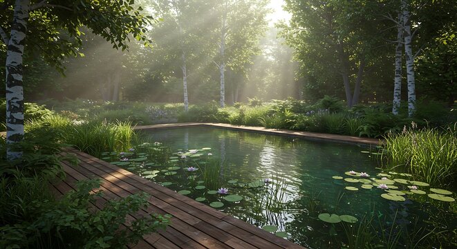 Sun-drenched natural swimming pond with wooden deck in a lush forest. Serene green oasis with dappled light and lily pads.