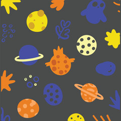 Cute Cartoon Planets and Stars Space Seamless Pattern.