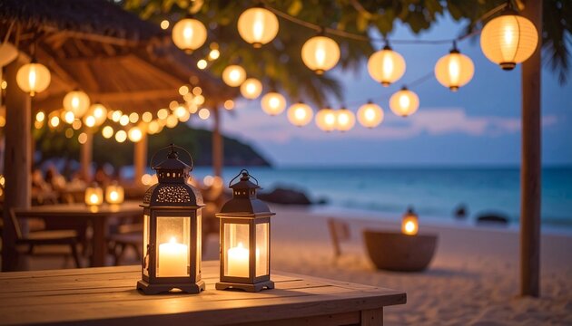 Romantic beach restaurant at twilight with glowing lanterns and string lights, tropical evening atmosphere by the sea - Powered by Adobe