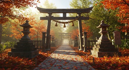 Golden Autumn Path to Japanese Shrine with Torii Gates and Stone Lanterns