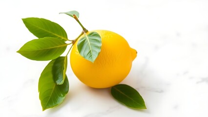 Fresh lemon with green leaves on a marble surface, showcasing vibrant yellow against a clean white background.
