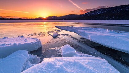 Icy lake glistens at dusk